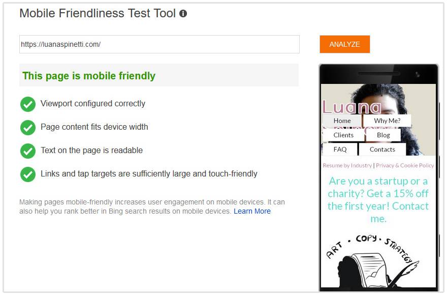 mobile friendliness test result